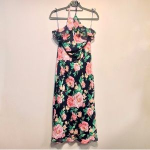Ralph Lauren navy silk rose ruffle halter dress